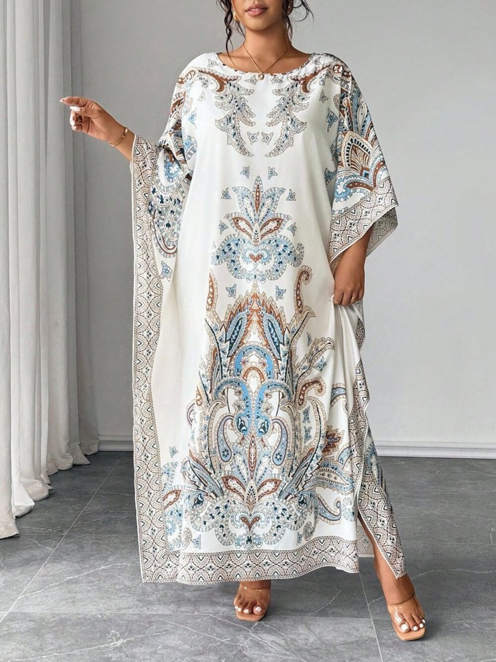 Multicolor Modest Women's Batwing Sleeve Round Neck Printed Loose Dress - Picture 3 of 7